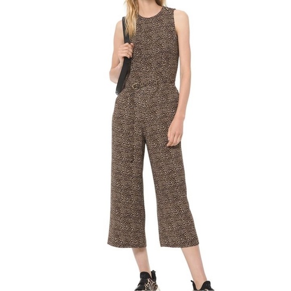 NEW MICHAEL KORS Dark Camel Brown Leopard Print Cropped Jumpsuit Size 8 - Picture 1 of 11